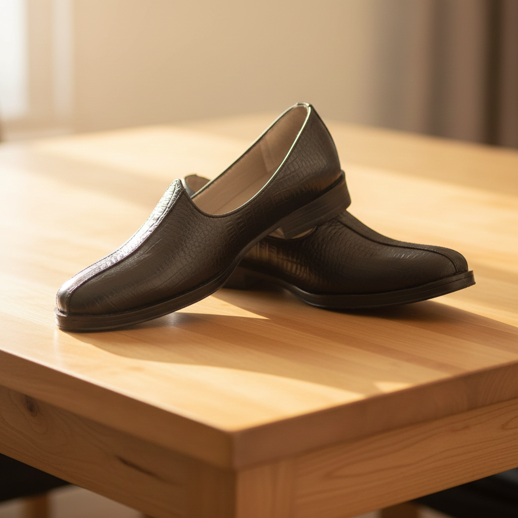 Nagras : Black Croco embossed leather handmade Nagras with Memory foam footpad. Article : N103A