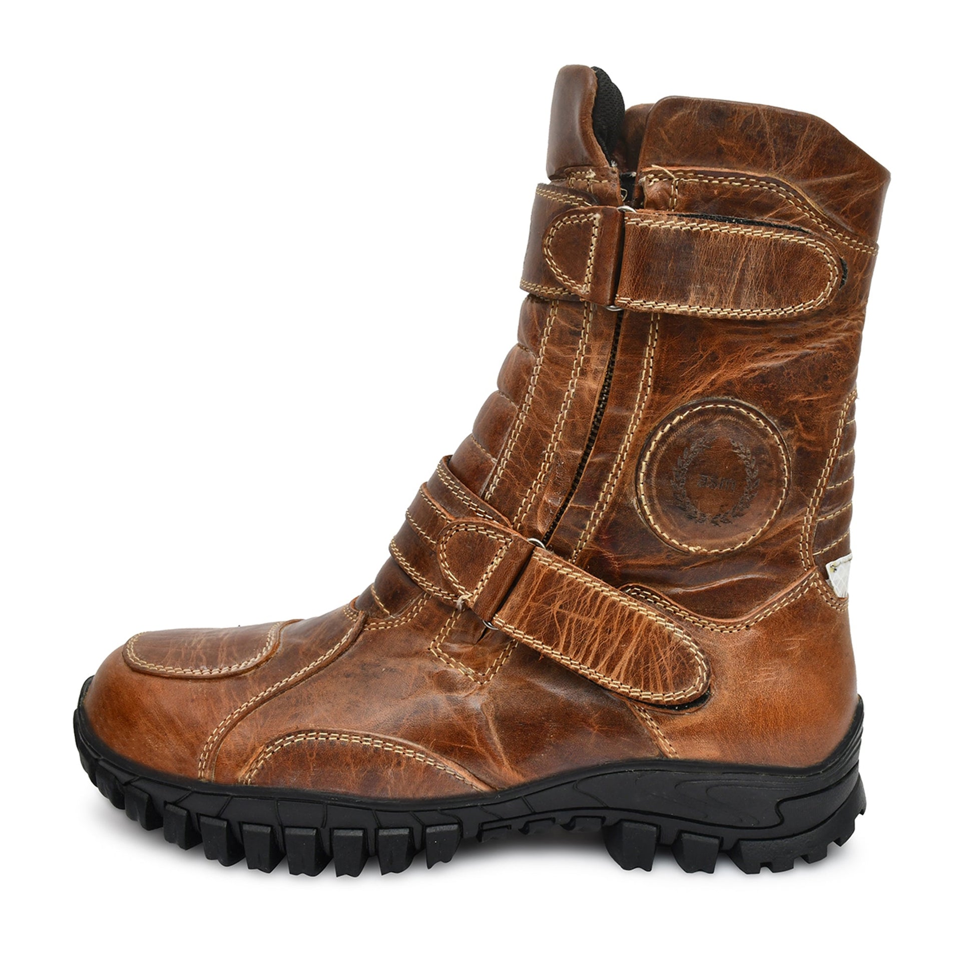 Biker Boots : Waterproof Brown Rugged leather Rider boots for bikers with Memory foam footpad.