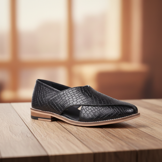 Peshawari : Black Alligator embossed leather handmade Peshawari with Memory foam footpad. Article : P01_Alligator_Black