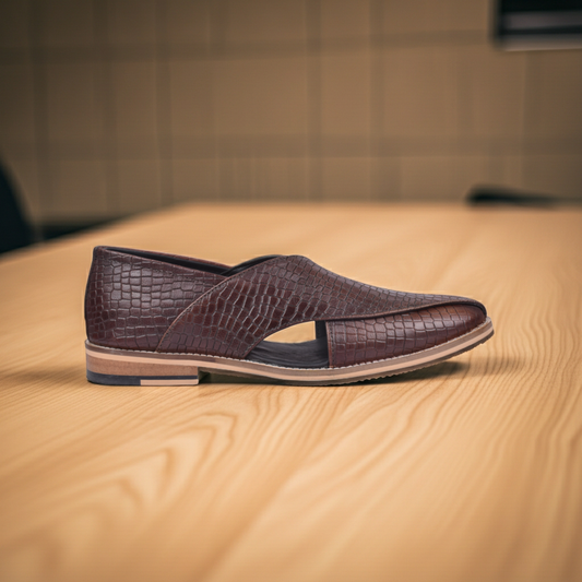 Peshawari : Black Alligator embossed leather handmade Peshawari with Memory foam footpad. Article : P01_Alligator_Brown