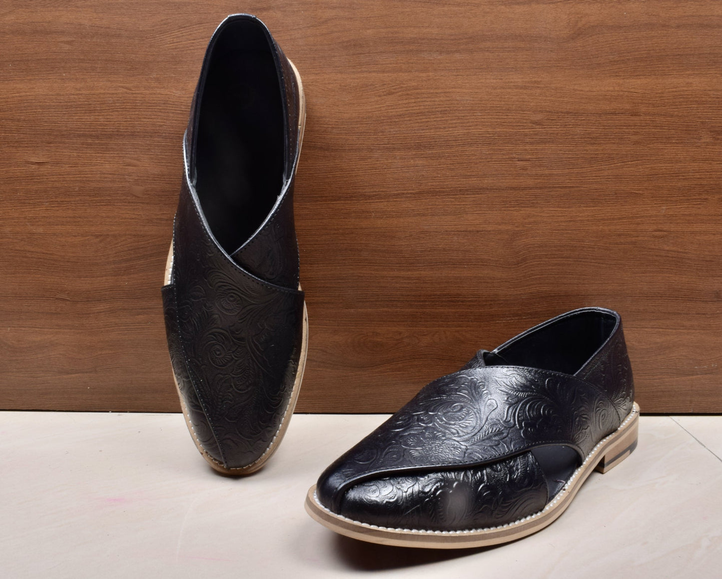 Peshawari : Black flora embossed leather handmade Peshawari with Memory foam footpad. Article : P01_Flora_Black