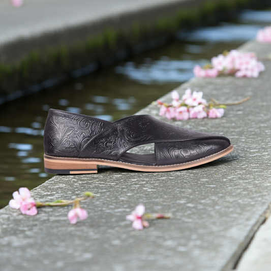 Peshawari : Black flora embossed leather handmade Peshawari with Memory foam footpad. Article : P01_Flora_Black