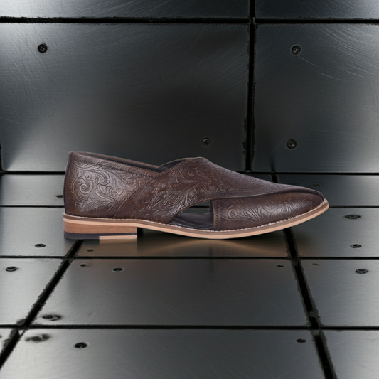 Peshawari : Black flora embossed leather handmade Peshawari with Memory foam footpad. Article : P01_Flora_Olive