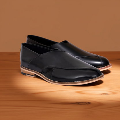 Peshawari : Black leather handmade Peshawari with Memory foam footpad. Article : Peshawari01