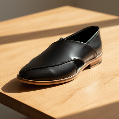 Peshawari : Black leather handmade Peshawari with Memory foam footpad. Article : Peshawari01