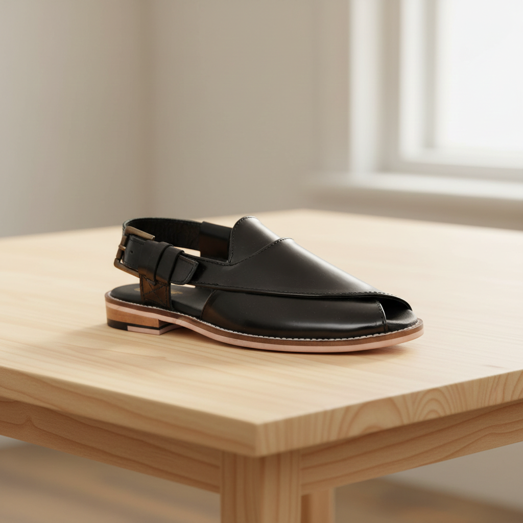 Peshawari : Black leather handmade Peshawari with Memory foam footpad. Article : Peshawari02