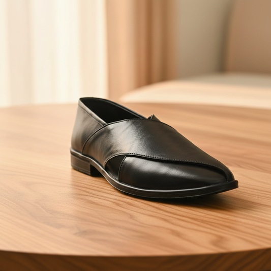 Peshawari : Black leather handmade Peshawari with Memory foam footpad. Article : P01_BlackTP