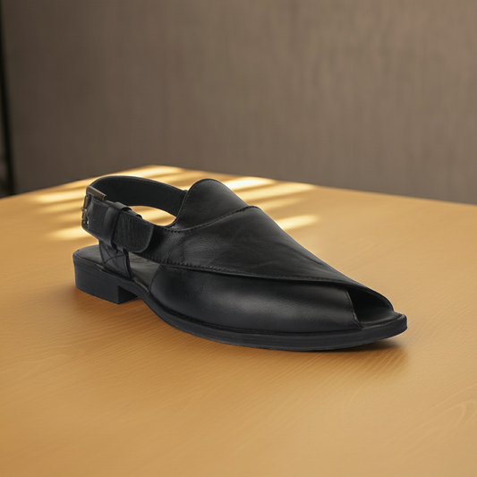 Peshawari : Black leather handmade Peshawari with Memory foam footpad. Article : P02_BlackTP