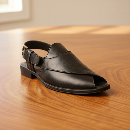 Peshawari : Black leather handmade Peshawari with Memory foam footpad. Article : P02_BlackTP