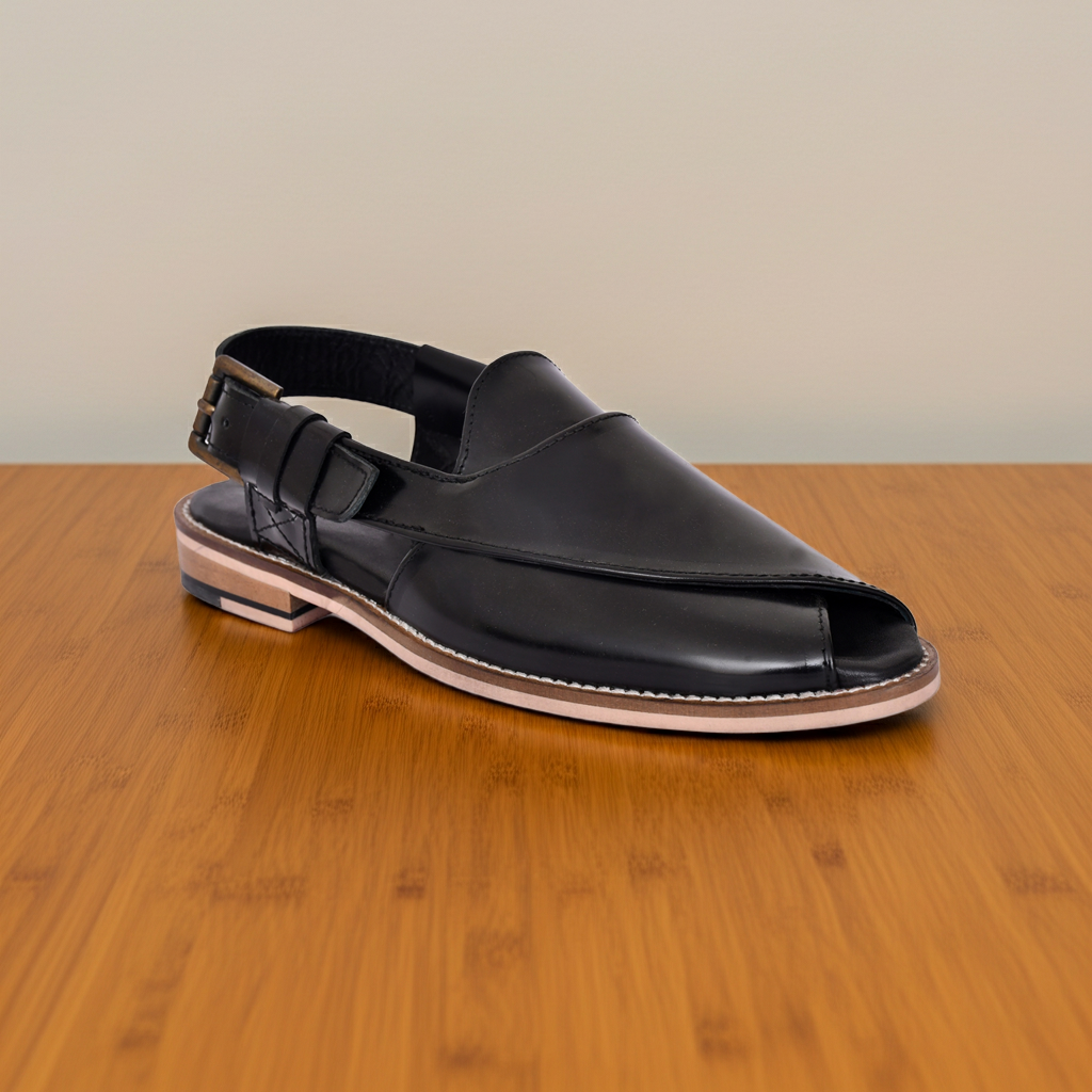 Peshawari : Black leather handmade Peshawari with Memory foam footpad. Article : Peshawari02