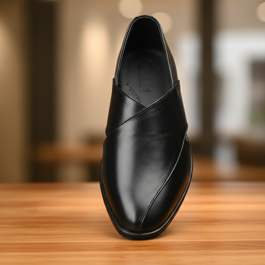 Peshawari : Black leather handmade Peshawari with Memory foam footpad. Article : P01_BlackTP