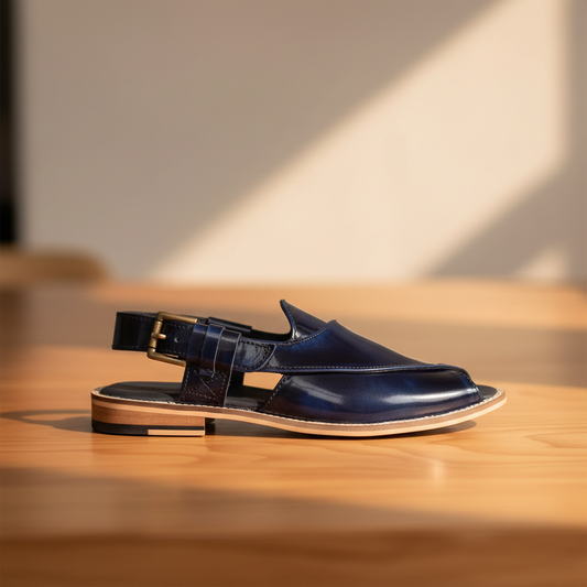 Peshawari : Blue brush off leather handmade Peshawari with Memory foam footpad. Article : P02_BlueBrushoff