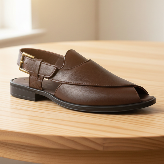 Peshawari : Brown leather handmade Peshawari with Memory foam footpad. Article : P02_BrownTP