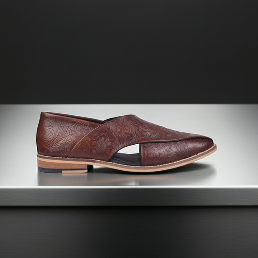 Peshawari : Brownflora embossed leather handmade Peshawari with Memory foam footpad. Article : P01_Flora_Brown
