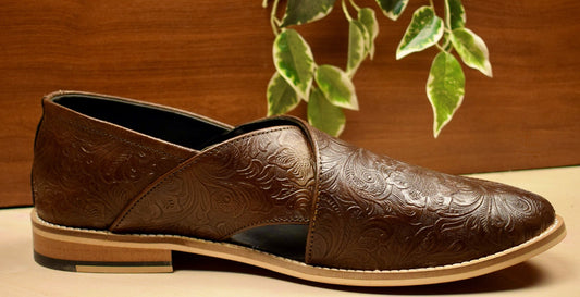 Peshawari : Brown flora embossed leather handmade Peshawari with Memory foam footpad. Article : P01_Flora_Brown