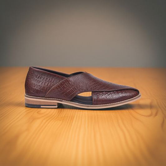 Peshawari : Croco Brown embossed leather handmade Peshawari with Memory foam footpad. Article : P01_Croco_Brown