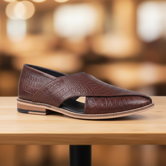 Peshawari : Croco Brown embossed leather handmade Peshawari with Memory foam footpad. Article : P01_Croco_Brown