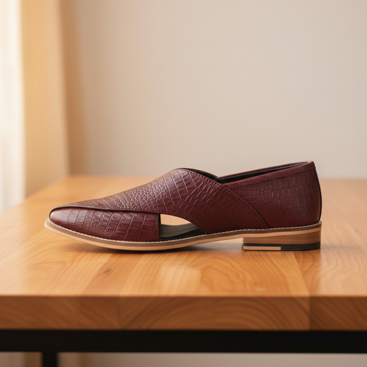 Peshawari : Croco Wine embossed leather handmade Peshawari with Memory foam footpad. Article : P01_Croco_Wine