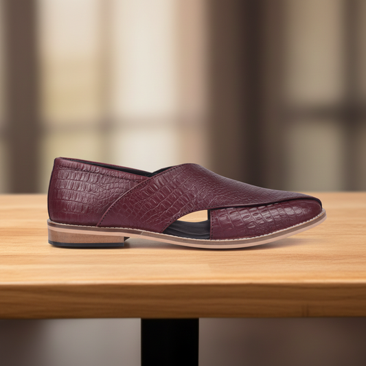 Peshawari : Croco Wine embossed leather handmade Peshawari with Memory foam footpad. Article : P01_Croco_Wine