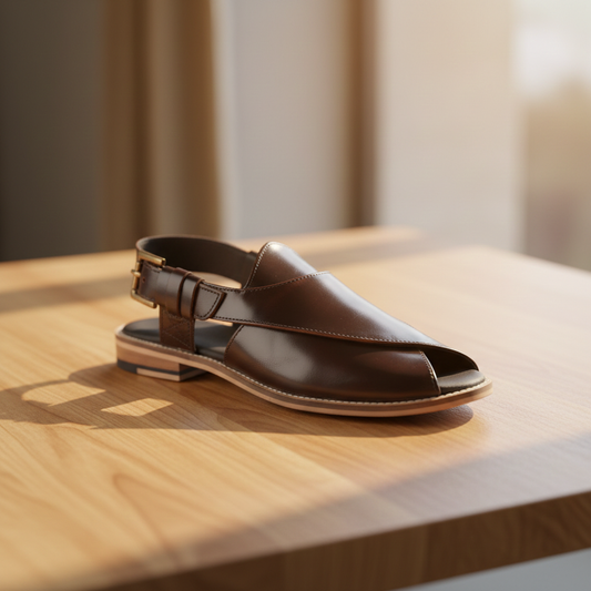 Peshawari : Tan brush off leather handmade Peshawari with Memory foam footpad. Article : P02_TanBrushoff