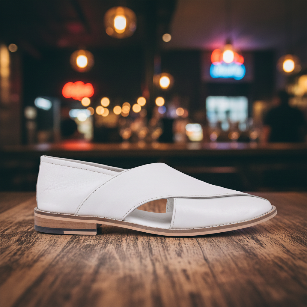 Peshawari : White leather handmade Peshawari with Memory foam footpad. Article : P01_White