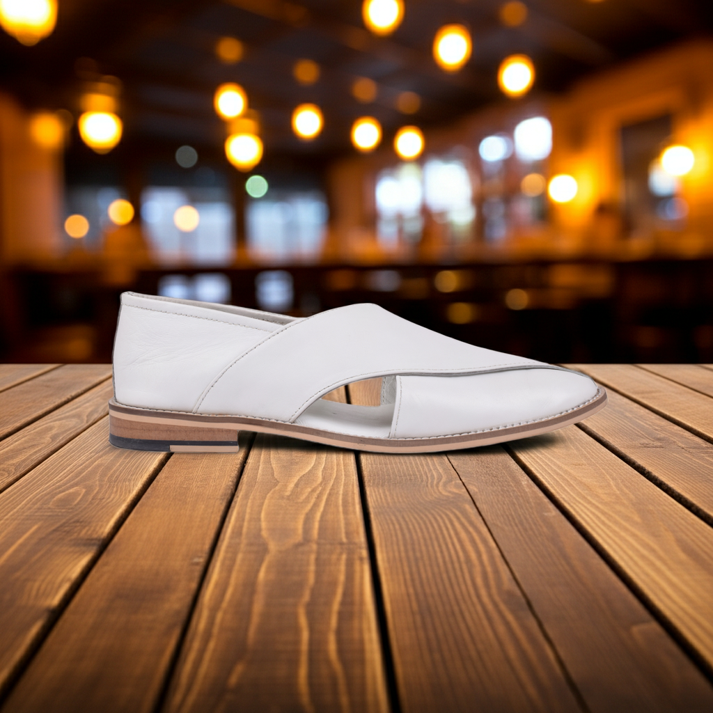 Peshawari : White leather handmade Peshawari with Memory foam footpad. Article : P01_White