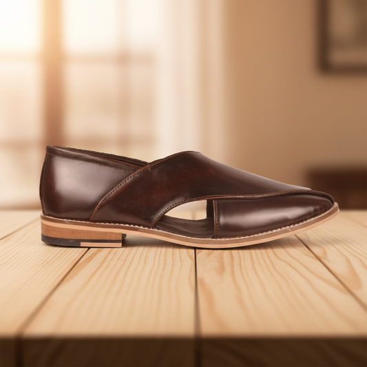 Peshawari : Wine brush off leather handmade Peshawari with Memory foam footpad. Article : P01_WineBrushoff