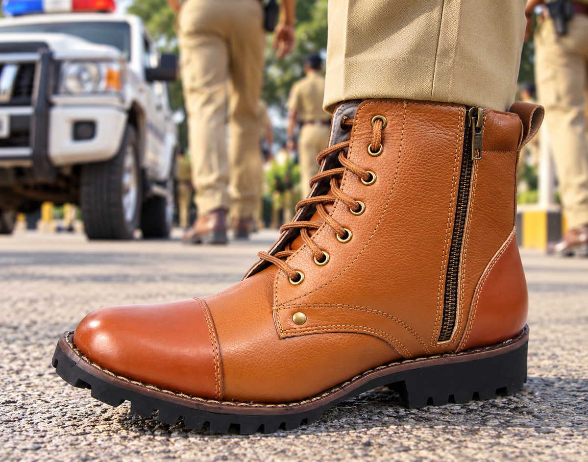Police_DMS_Boot_Genuine_tan-brown_leather_Police_Uniform_boots_with_Brass_side_chain_Memory_foam_footpad.
