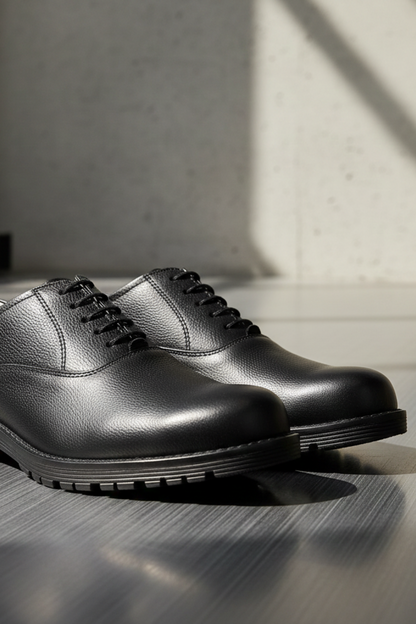 Safety Shoes : Industrial Safety Derby leather Shoes with Steel Toe & Memory foam footpad.