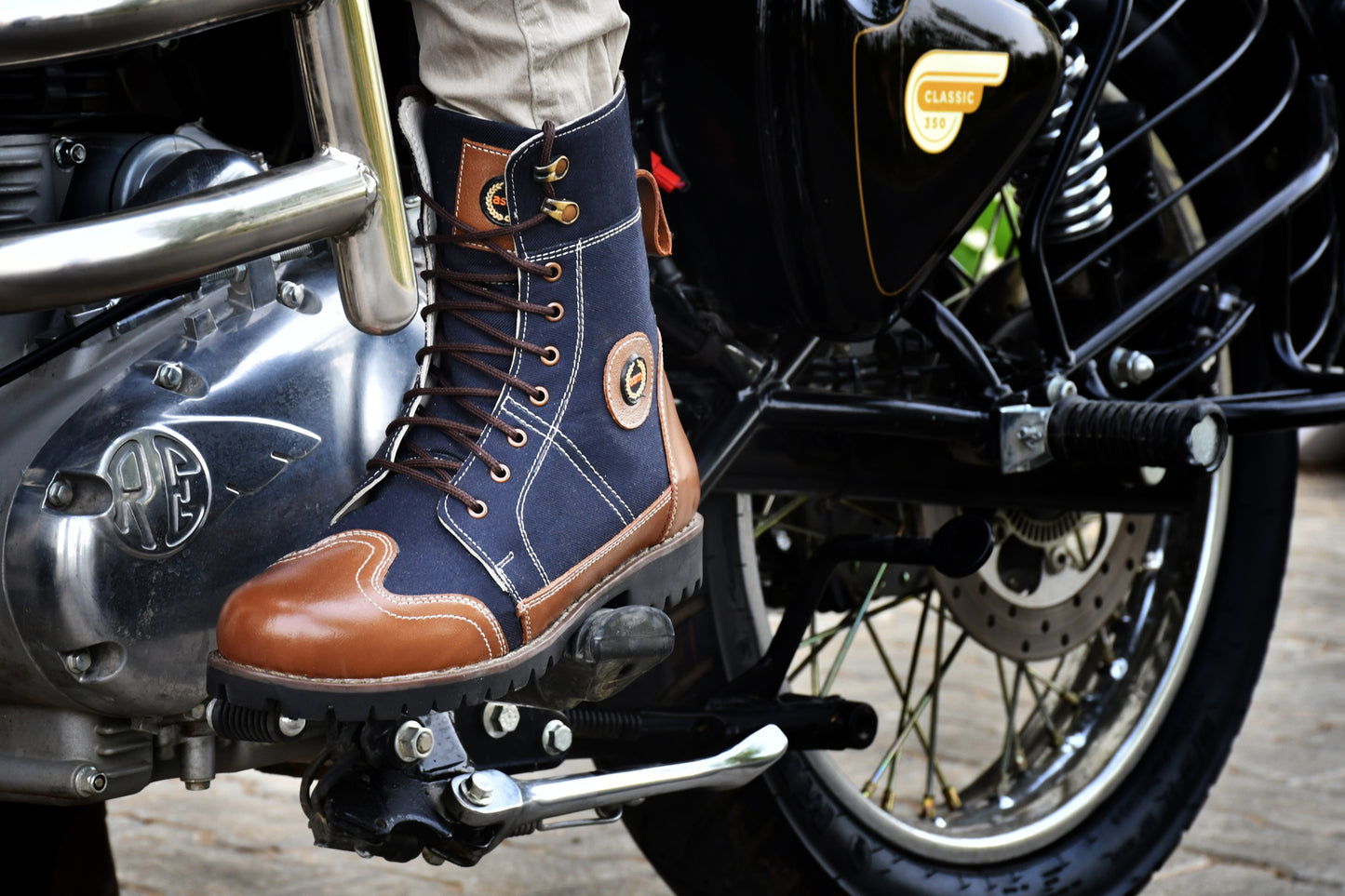 Rider Boots : Blue (Fabric) &amp; Tan leather for bikers Memory foam footpad &amp; heavy duty TPR Sole by ASM