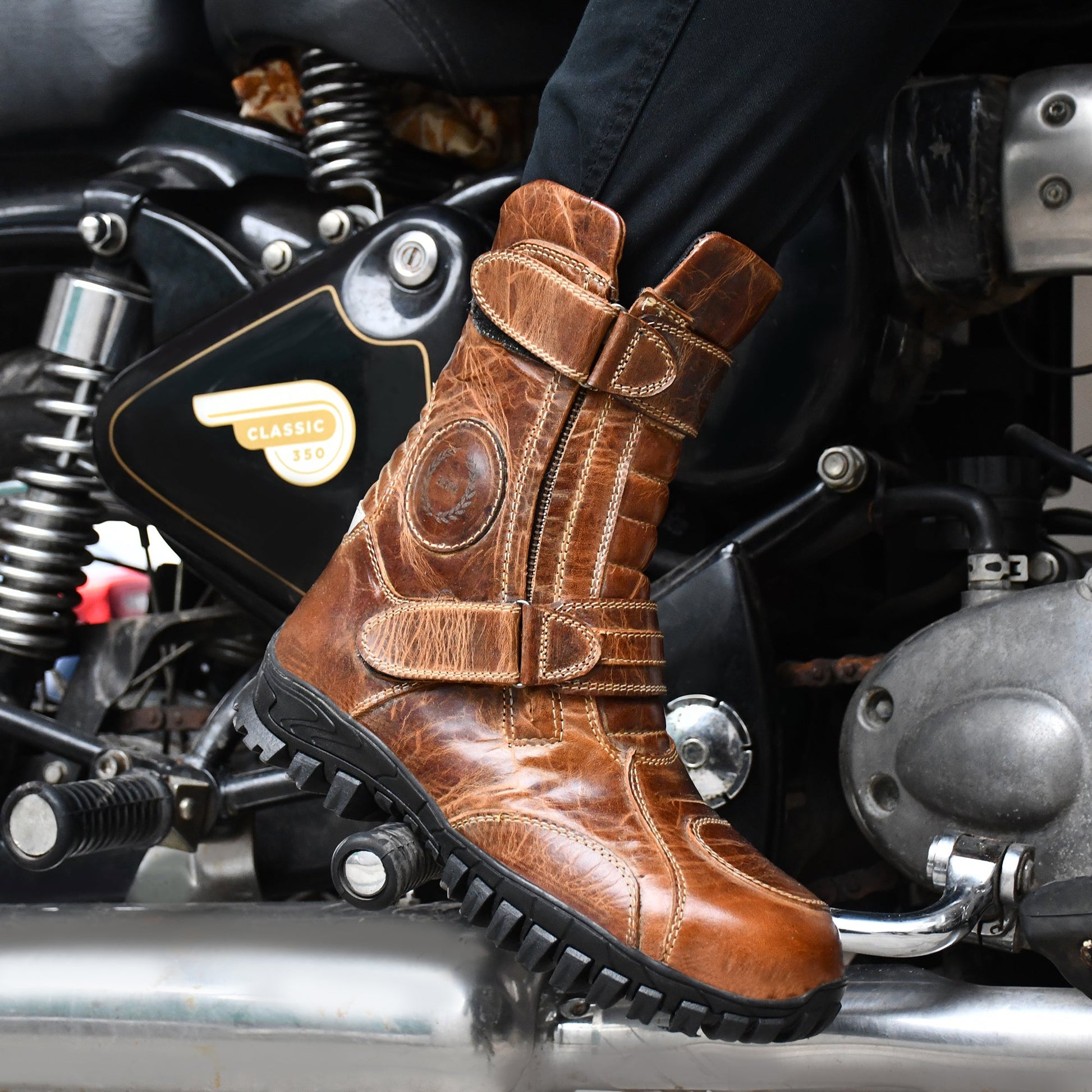 Biker Boots : Waterproof Brown Rugged leather Rider boots for bikers with Memory foam footpad.