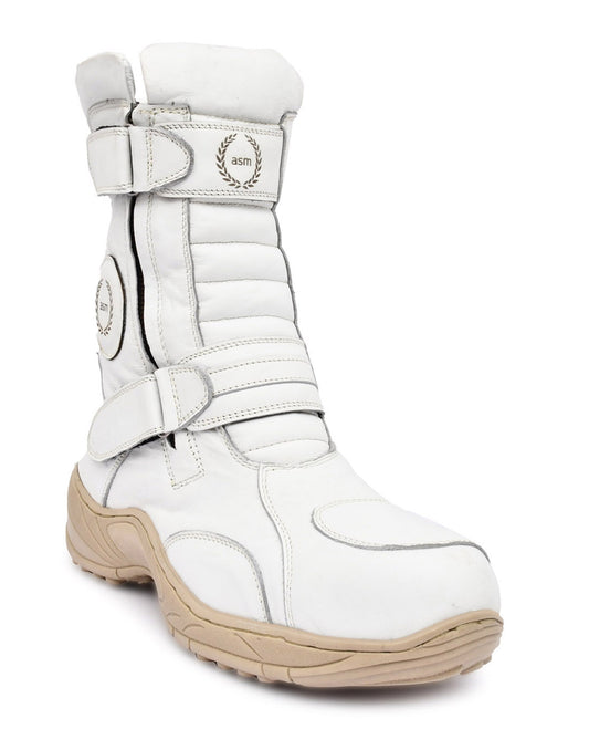 Rider Boots : White leather for bikers with Memory foam footpad &amp; heavy duty Phylon Sole by ASM.