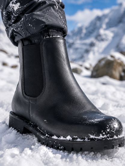 Snow Boots -Black Leather Snow Boots with Insulation, Fur & Memory Foam Footpad. WS20-Black