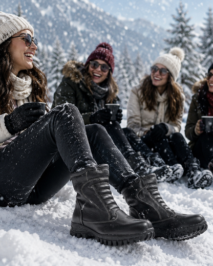 Snow Boots -Black Leather Snow Boots with Insulation, Fur & Memory Foam Footpad. WS709-Black