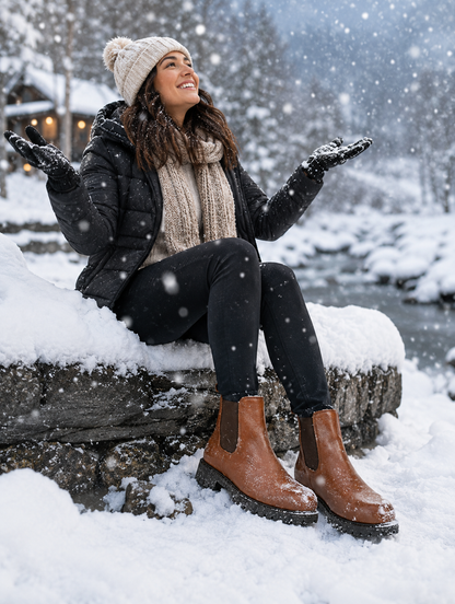 Snow Boots -Brown Leather Snow Boots with Insulation, Fur & Memory Foam Footpad. WS20-Brown