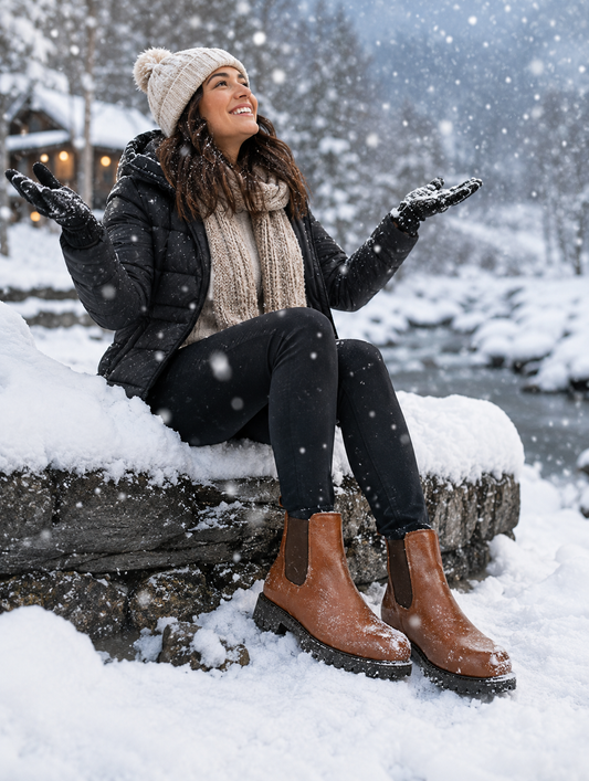 Snow Boots -Brown Leather Snow Boots with Insulation, Fur & Memory Foam Footpad. WS20-Brown
