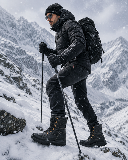 Snow Boots - Black Leather Snow Boots with Fur & Memory Foam Footpad. 704Black+Fur