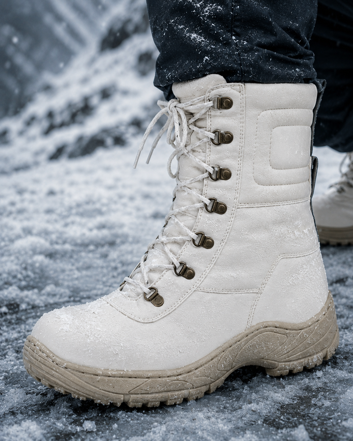 Snow Boots - White Leather Snow Boots with Fur & Memory Foam Footpad