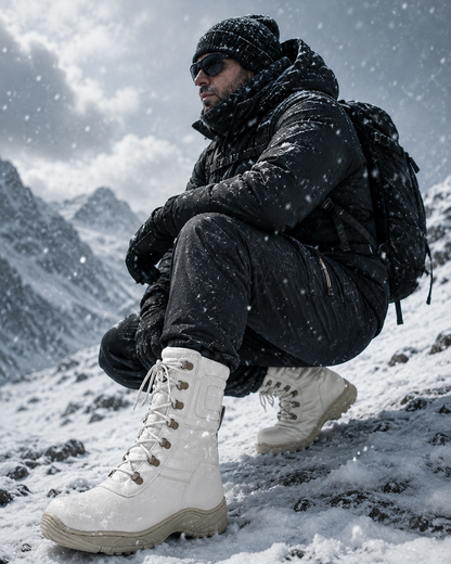 Snow Boots - White Leather Snow Boots with Fur & Memory Foam Footpad