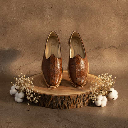 Tan Flora leather Nagras with Memory Foam Footpad - Handmade Luxury Ethnic footwear.