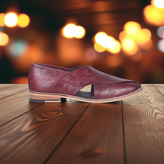 Title
Peshawari : Wine flora embossed leather handmade Peshawari with Memory foam footpad. Article : P01_Flora_Wine
