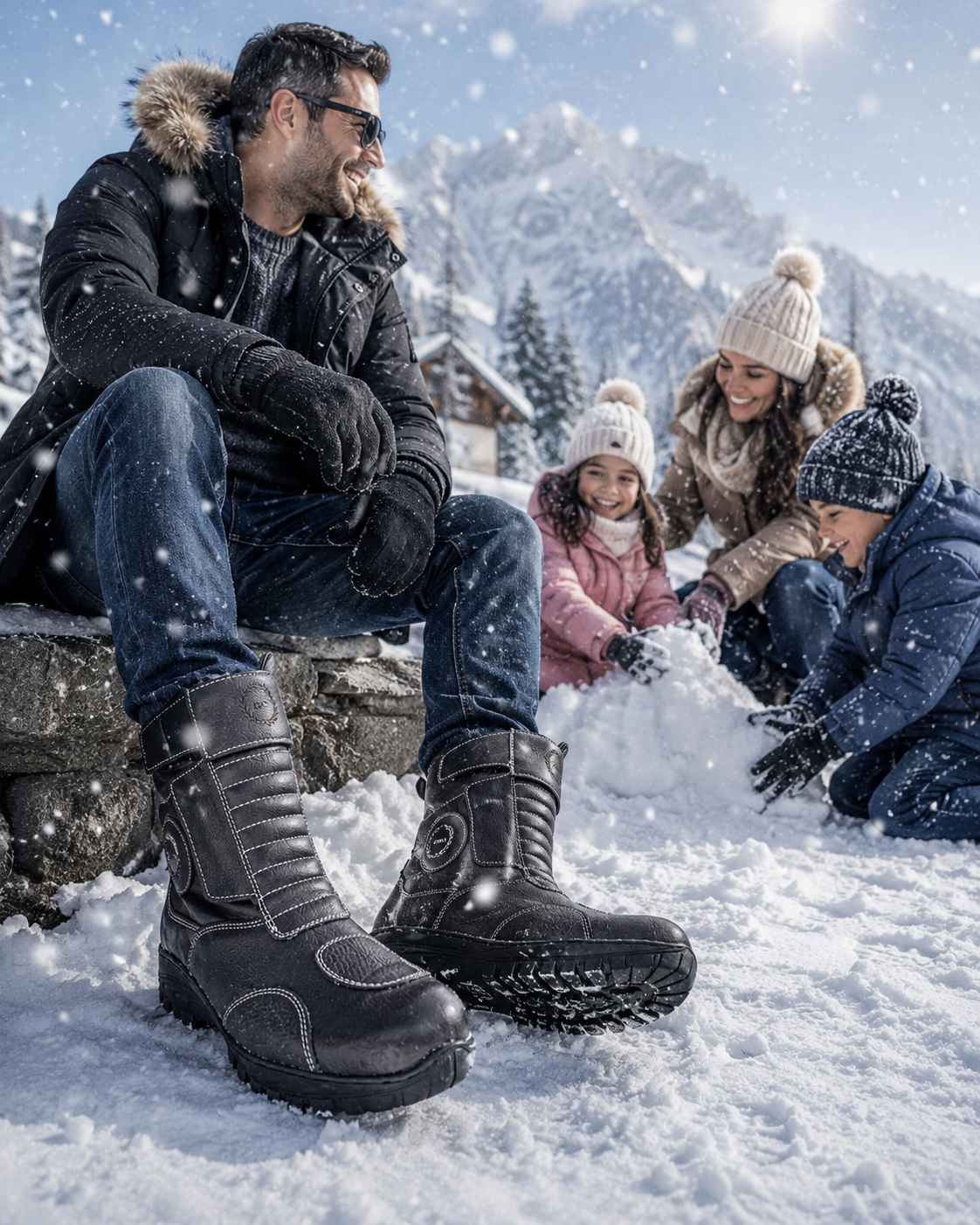 Snow Boots -Black Leather Snow Boots with Insulation, Fur & Memory Foam Footpad. WS710-Black