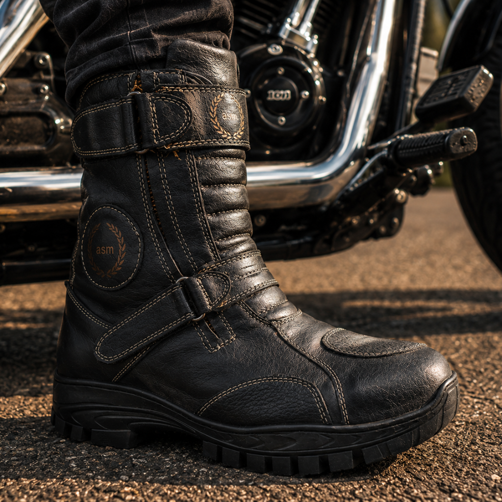 Waterproof Black Biker Boots: Durable Leather Rider Boots with Memory Foam Footpad. Article : 708Black