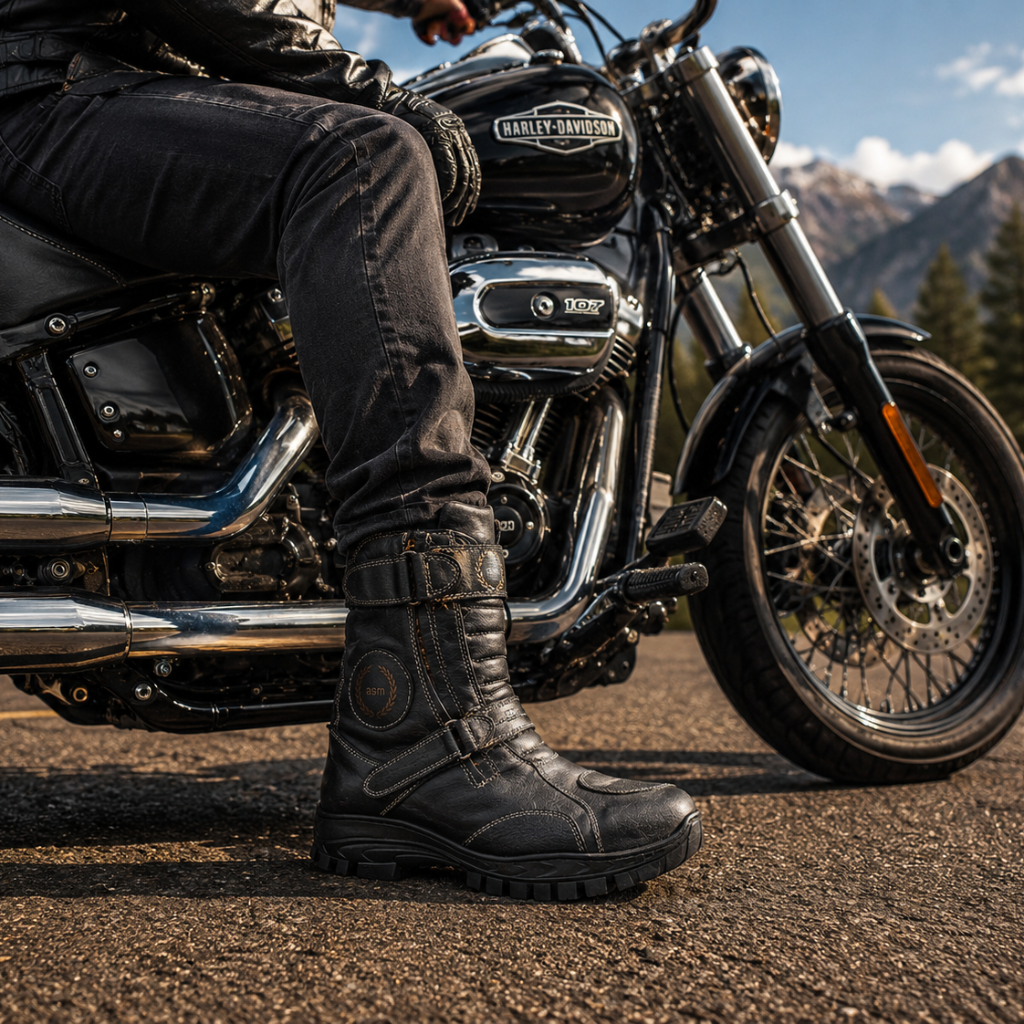 Waterproof Black Biker Boots: Durable Leather Rider Boots with Memory Foam Footpad