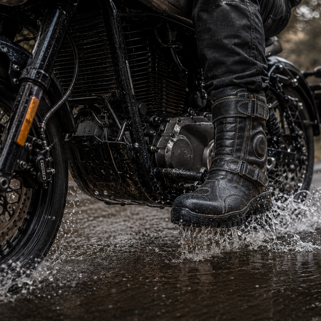 Waterproof Black Biker Boots: Durable Leather Rider Boots with Memory Foam Footpad by ASM.