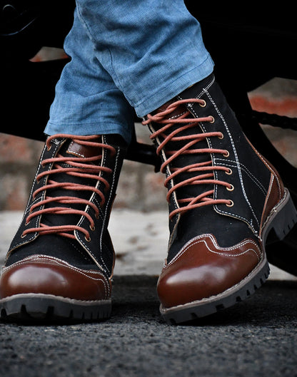 Biker Boots : Black & Tan leather Rider boots for bikers with Memory foam footpad.