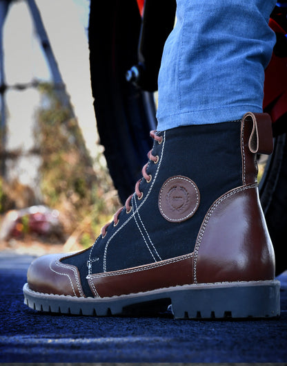 Biker Boots : Black & Tan leather Rider boots for bikers with Memory foam footpad.