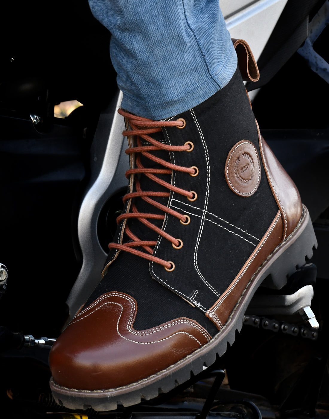 Biker Boots : Black & Tan leather Rider boots for bikers with Memory foam footpad.
