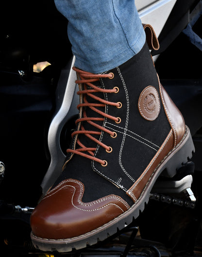 Biker Boots : Black & Tan leather Rider boots for bikers with Memory foam footpad.
