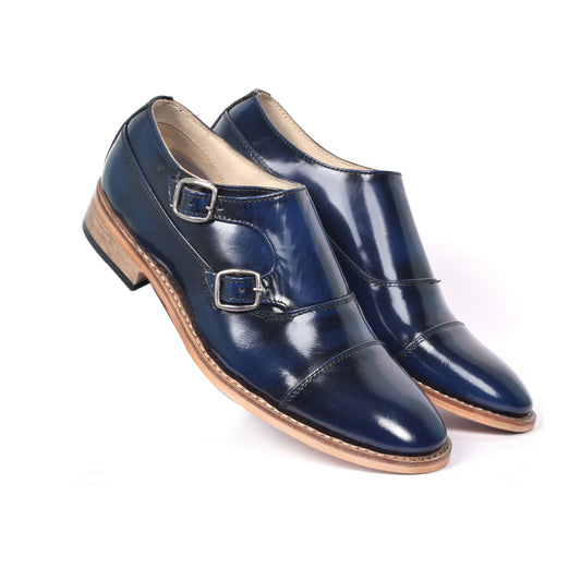 Goodyear Welted Monk Strap Shoes :  Blue Brush off leather with Memory foam footpad.